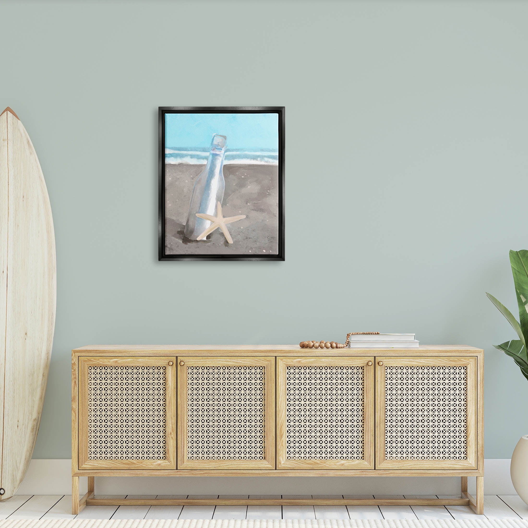 Message Bottle Beach Shore Coastal Graphic Art Jet Black Framed Art Print Wall Art