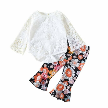 

ZCFZJW Toddler Baby Girl Long Sleeve Lace Crochet Hollow Out Romper Floral Print Flare Pants Bell Bottoms Outfit Fall Winter Clothes White 6-12 Months