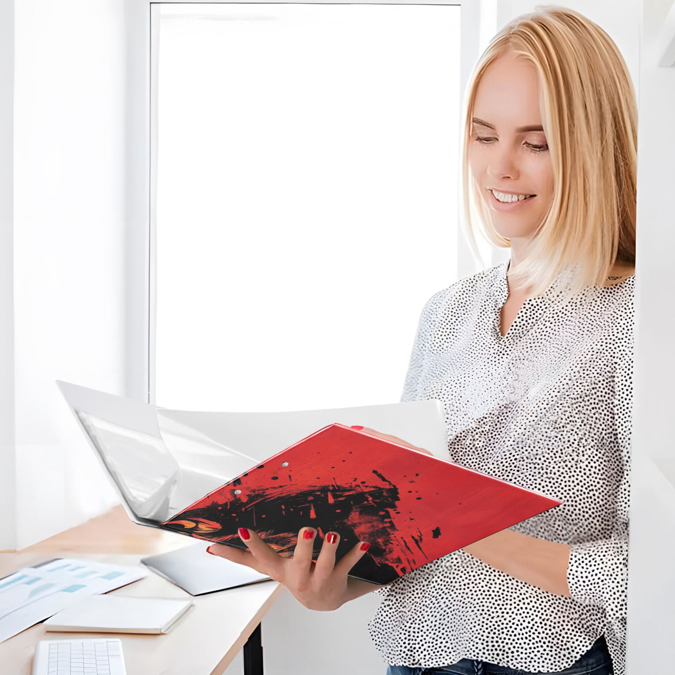 Wolf Face Red 3 Ring Binders 1.5 inch Hardcover File Folders with Interior Pockets A4 Size Organizer for School Office Hospital