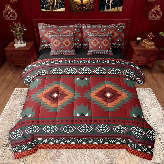 Feelyou Red Boho Aztec Twin Bedding Sets 7-Piece for Women, Rustic Countryside Bedding Comforter Set, Western Retro Fashion Reversible Sheet Sets, Super Cozy Room Decor