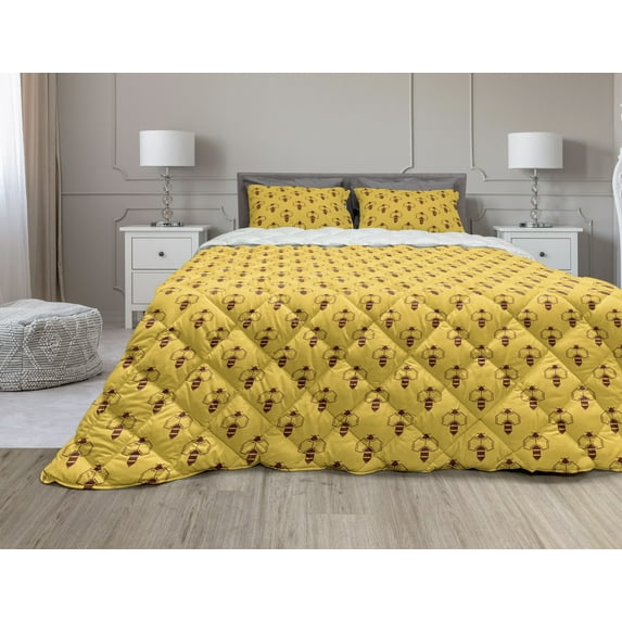 Queen Bee Comforter & Sham Bedding Set, Geometric Honey Lover with Wings Nature Theme Bumblebee Design, 3 pcs Duvet Set Microfiber Filling Quilt, 5 Sizes, Earth Yellow Seal Brown, by Ambesonne