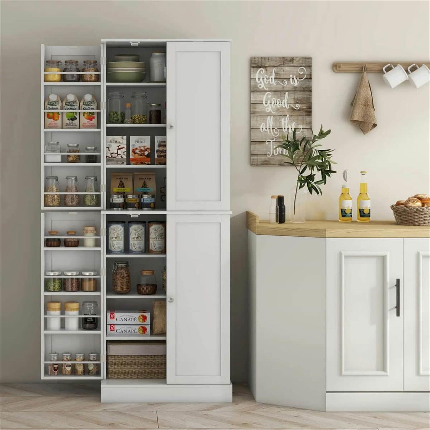 Demi Bonn 65" Kitchen Pantry Cabinet, 4-Door Storage with 16 Shelves for Dining Room, Space-Saving Kitchen Organization, White