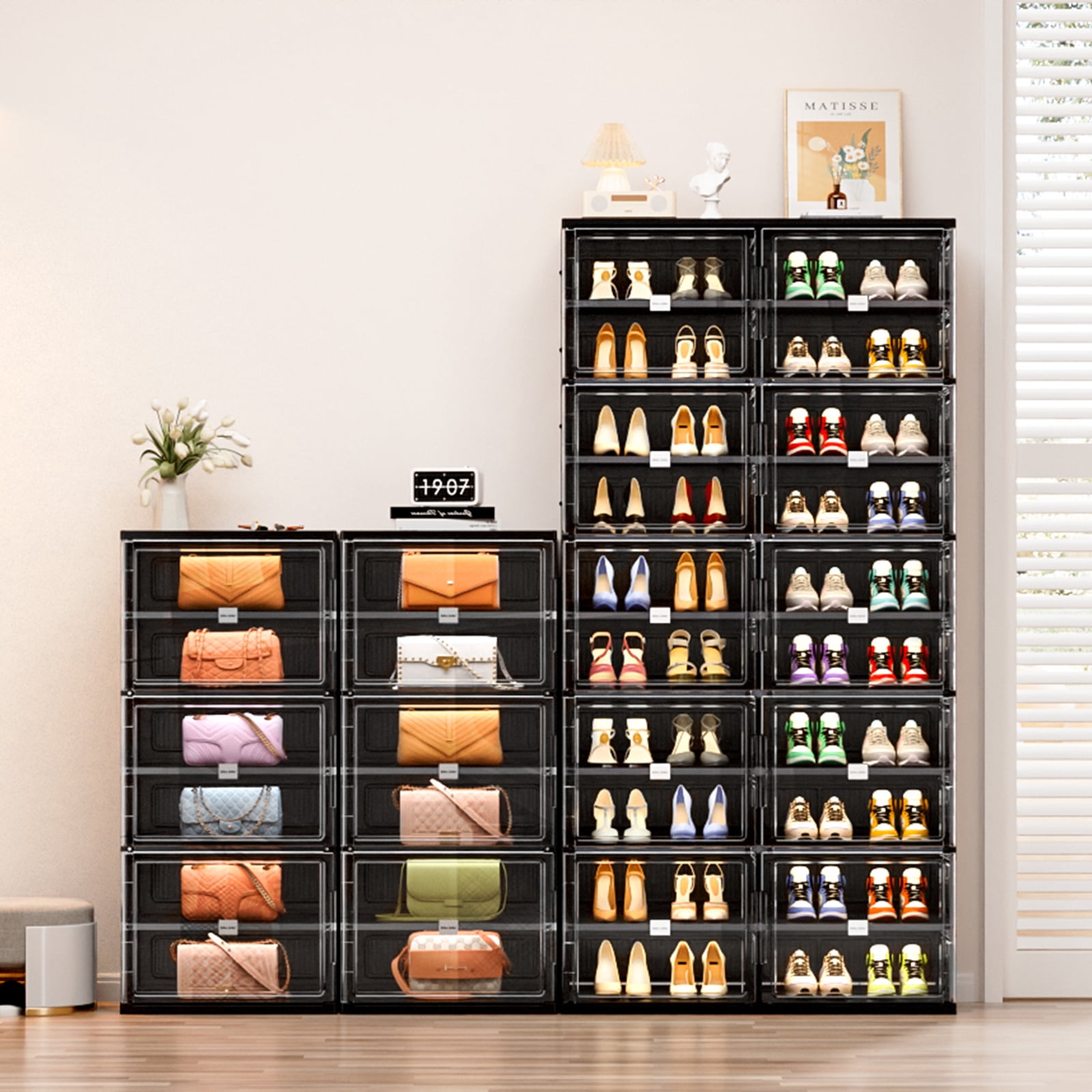 JEKO&JEKO 9 Tiers 36 Pairs Shoe Rack Organizer, Foldable Storage Cabinet for Closet with Magnetic Doors (Black)