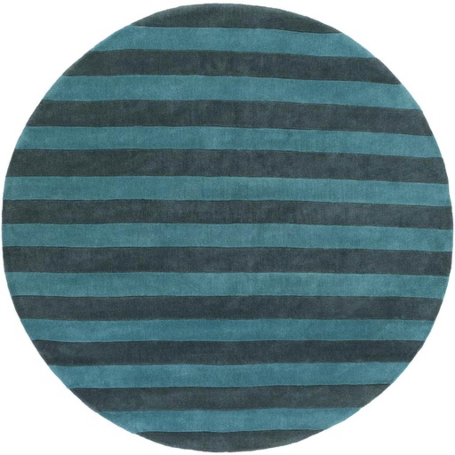 8' Tiáowén Aqua Blue and Midnight Green Striped Hand Tufted Round Area
