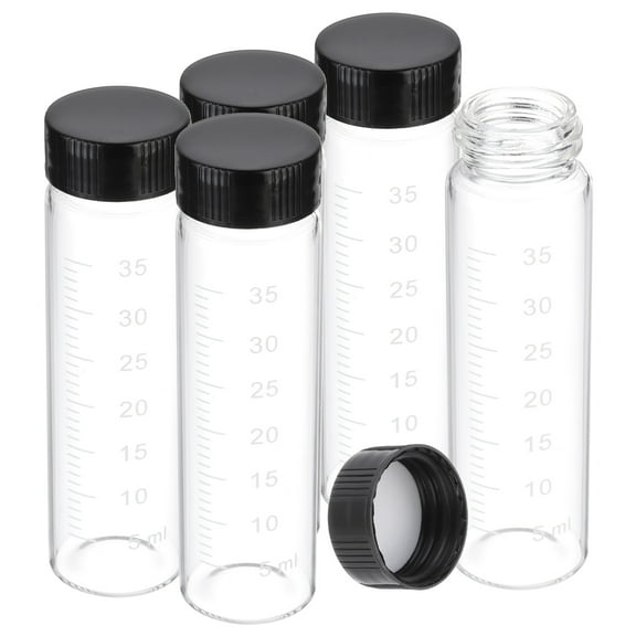 Uxcell Small Glass Sample Bottles with Lids, 5 pcs 40ml Clear Glass Vials with Black Screw Caps Mini Leak Proof Reagent Sealed Bottles with Scale for Solid Liquid Powder Storage