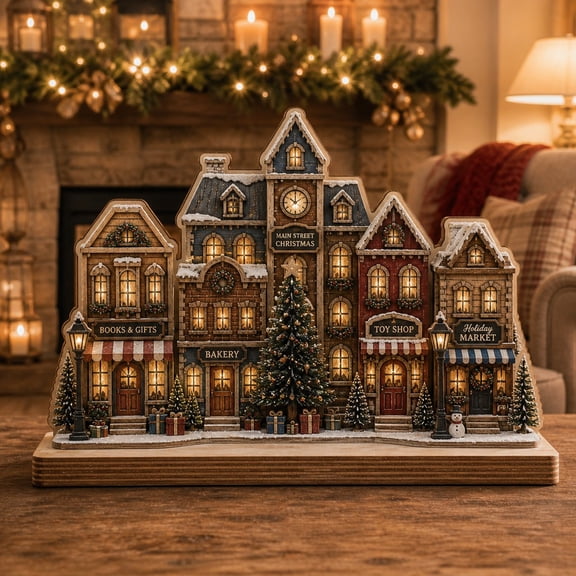 Christmas Village Wooden Plaque, Main Street Wooden Tabletop Display for Holiday Decorating
