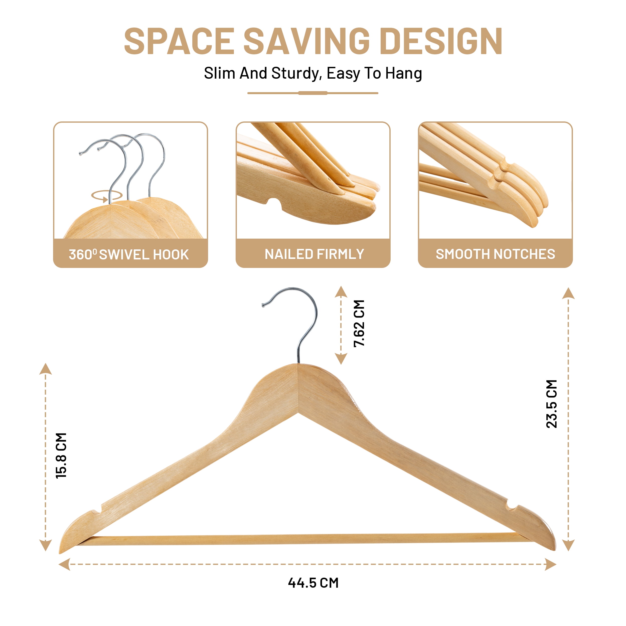 Lux Decor Wooden Hangers 20 Pack - Coat & Suit Hangers with 360 Swivel Hook & Non-Slip Notches - Durable Natural Wood Hangers for Clothes, Skirt, Shirt, Pants, Dress