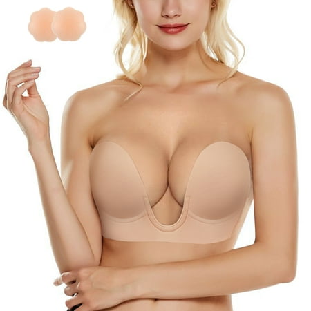 

Eleady With Nipple Covers Strapless Sticky Push Up Bra Backless Adhesive Invisible(Beige Small)
