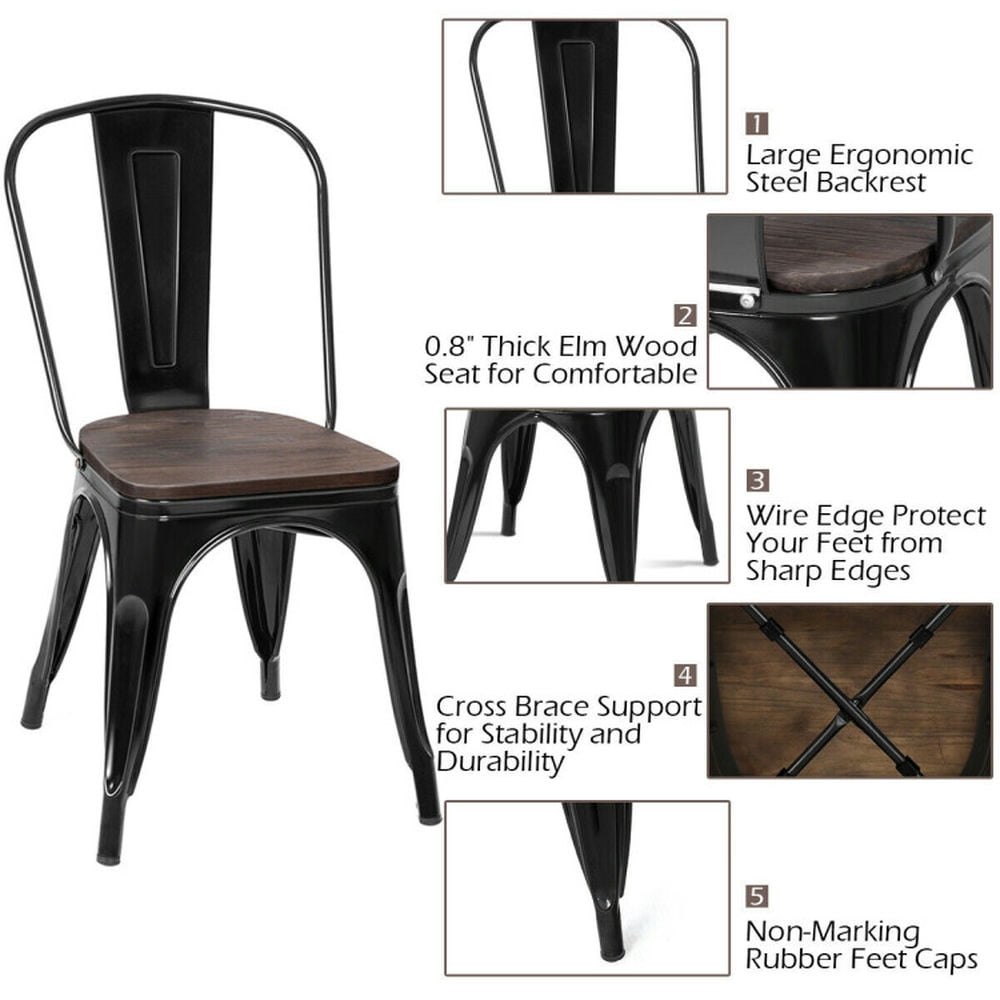Demi Bonn 18" Height Set of 4 Stackable Style Metal Wood Dining Chair with Space Saving Design for Living Room, Black