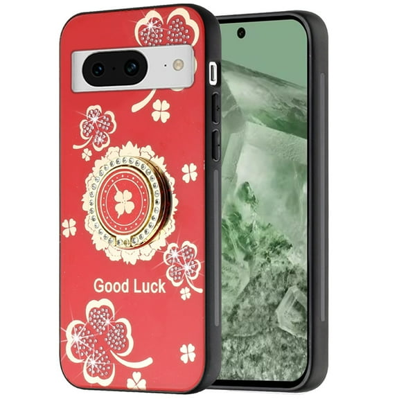 Designed for Google Pixel 8A Diamonds 3D Bling Sparkly Glitter Ornaments Engraving Hybrid Fashion Ring Stand Phone Case Cover [Red Good Luck Floral]