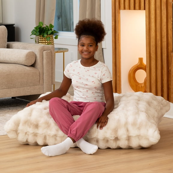 Raven-Symoné Home Pillow Saxx Jr Crash Puff, Giant Floor Pillow & Faux Fur Lounger, Phantom Cream