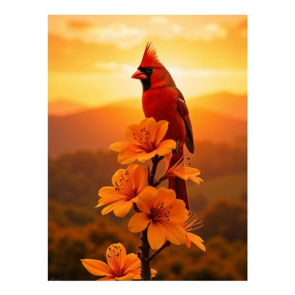 Diamond Art Kit for Adults, Cardinal Sunset Blossom Scene Diamond Painting for Adults Beginners, DIY Diamond Art Painting Kits, 5D Diamond Painting Crafts for Home Decor 12x16 Frameless