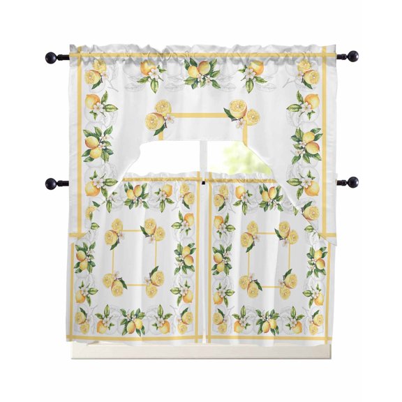 Lemon Yellow Kitchen Curtains Swag Valance and Tier Curtains Set 36 Inch Length, Modern Country Flower Floral Summer Spring Rod Pocket Drape Panels Pair Swag Curtain for Bathroom/Cafe/Window