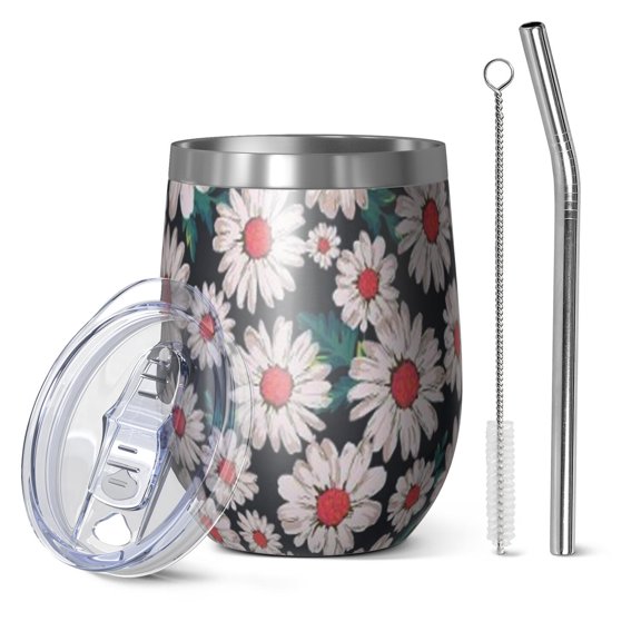 12oz Stemless Wine Tumblers Black Daisy Flower Retro Pattern Vacuum Insulated Stainless Steel Travel Tumbler Cups Mug with Lid and Straw for Champaign,Cocktail,Beer with Cleaning Brush