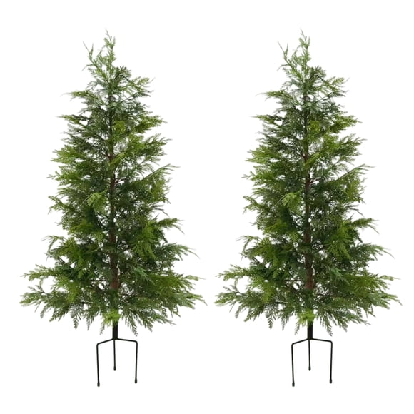 2-Piece 4 FT Artificial Twinkle Christmas Cypress Trees with Lights, Pre-Lit Primitive Sparse Christmas Tree, Norfolk Pine Tree, Illuminated Faux Plants for Ind