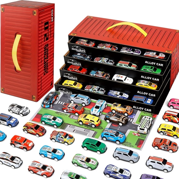 60 pieces small car set, alloy racing car toys, bulk intelligence truck toy car set, children's toys small car ,tin car container toy gift box set boys simulation car car model parking lot