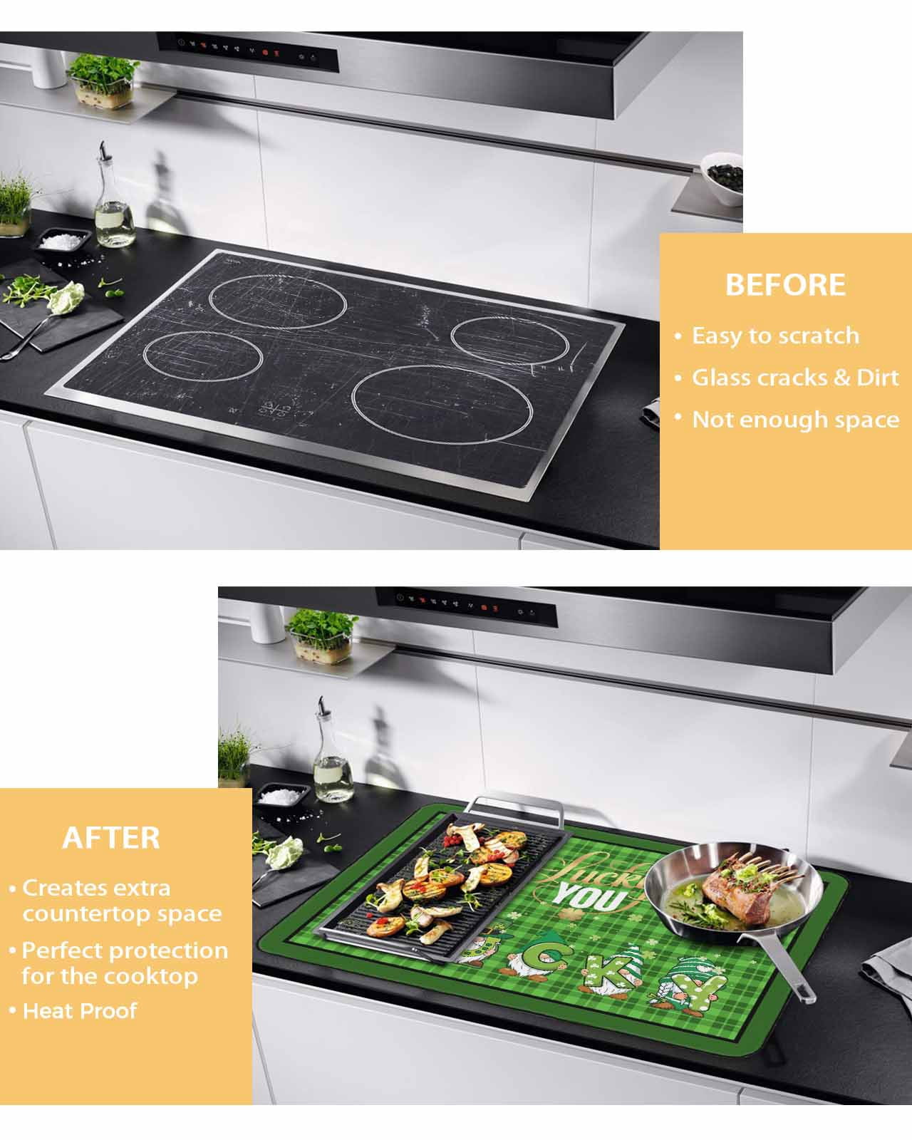 Large Induction Cooktop Protector Mat St. Patrick's Day Stove Top Covers for Electric Stove, Lucky Gnomes Shamrock Green Plaid Decorative Stove Burner Cover Mats, Glass Top Stove Cover