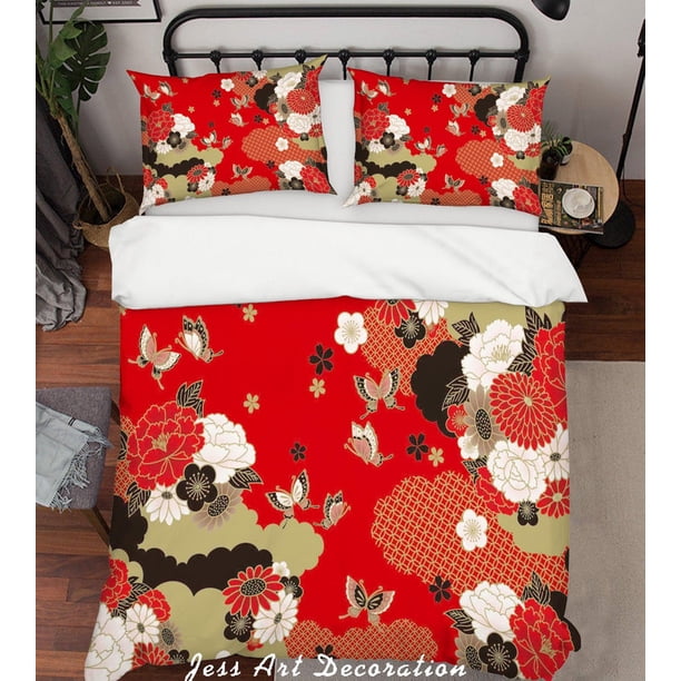 3D Abstracto Rojo Floral Funda de edredón Juego de ropa de cama Fundas de almohada 55