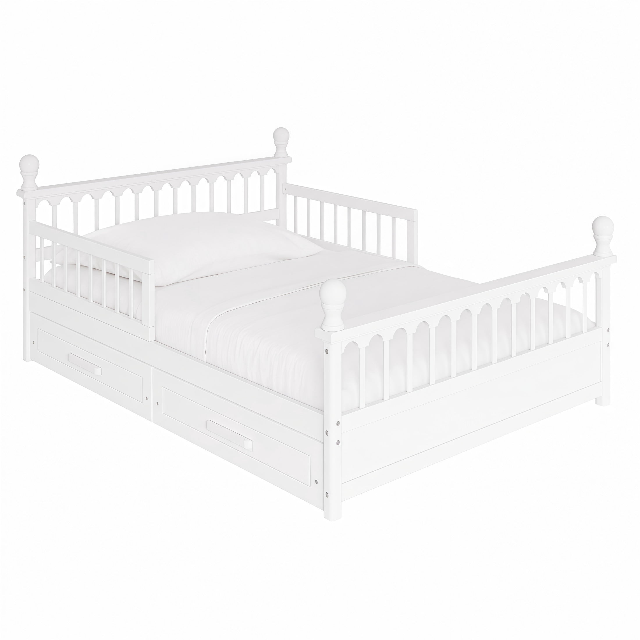 Noble House Orielle Full Kids Bed Frame with Storage Drawers, Low-Profile Platform Bed with Safety Guardrails, White