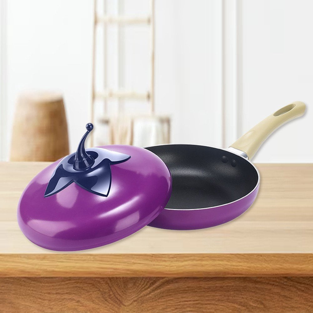 Jiibva 1Pc Purple Eggplant Shape Non Stick Skillet Frying Pan with Lid for Home Induction Cooker