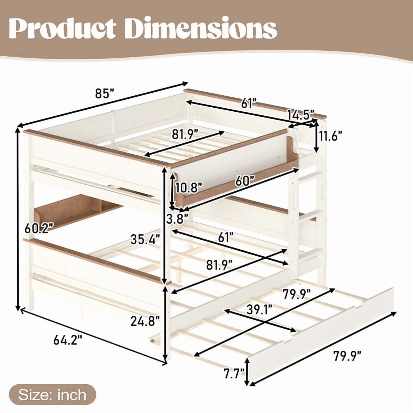 Queen-Over-Queen Wooden Bunk Bed Frame with Trundle, Detachable Bed Convertible Into 2 Platform Beds, Kids Storage Bed with Shelf