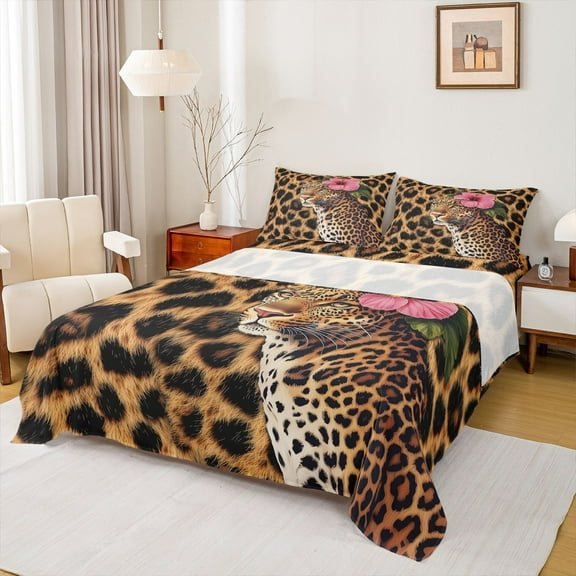 jejeloiu Safari Animal Cheetah Twin Sheet Sets,Chic Leopard Pattern Twin Fitted Sheet,Pink Flower Floral Flat Sheet For Kids,Breathable Home Decor,3 Pieces
