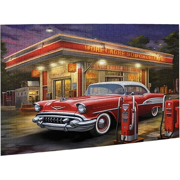 puzzles for adults 500 pieces jigsaw puzzles Old Fashioned Gas Station Car Formation wooden DIY Families Toys Gift for Home 20.4 x 14.9 in