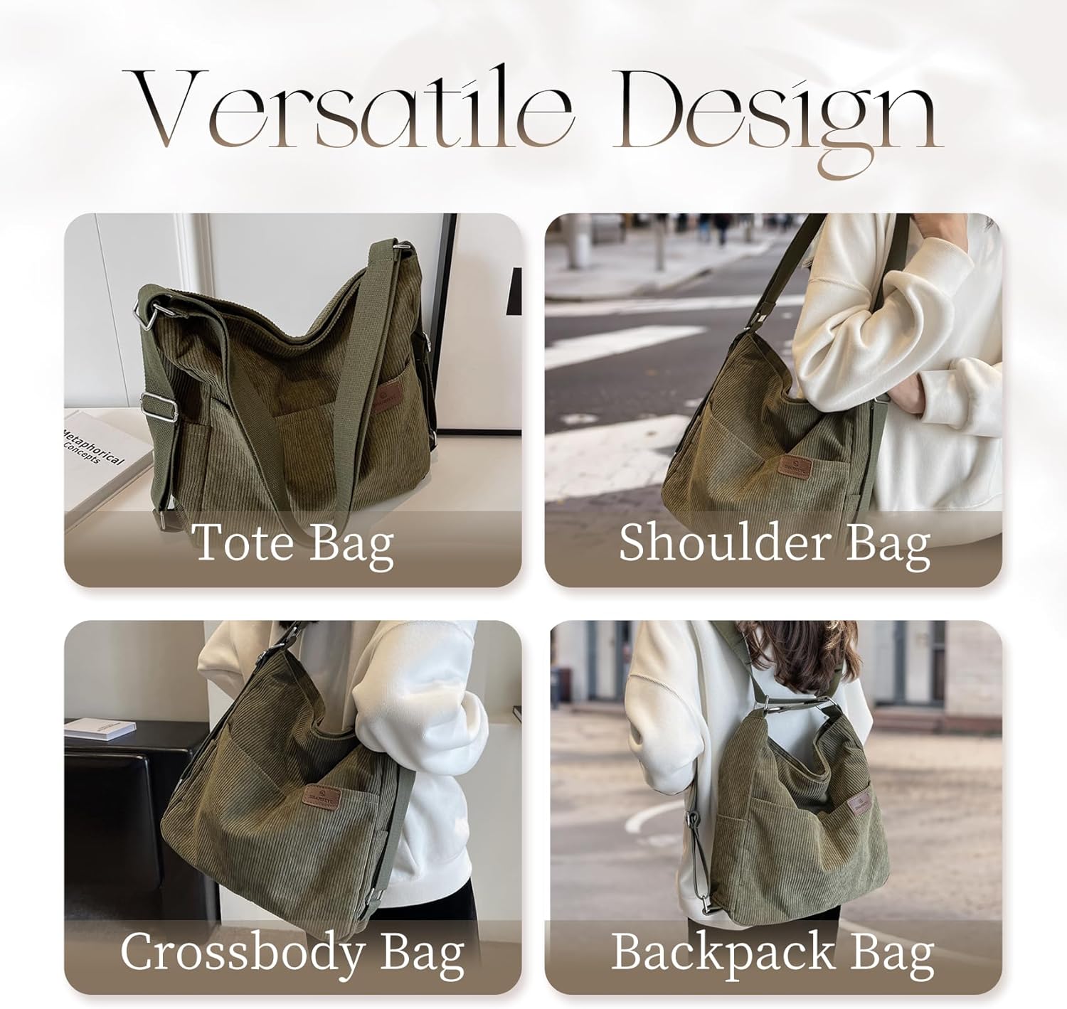 Corduroy Tote Bag for Women Convertible Backpack Purse Crossbody Hobo Shoulder Bag with Multi Pockets Compartments