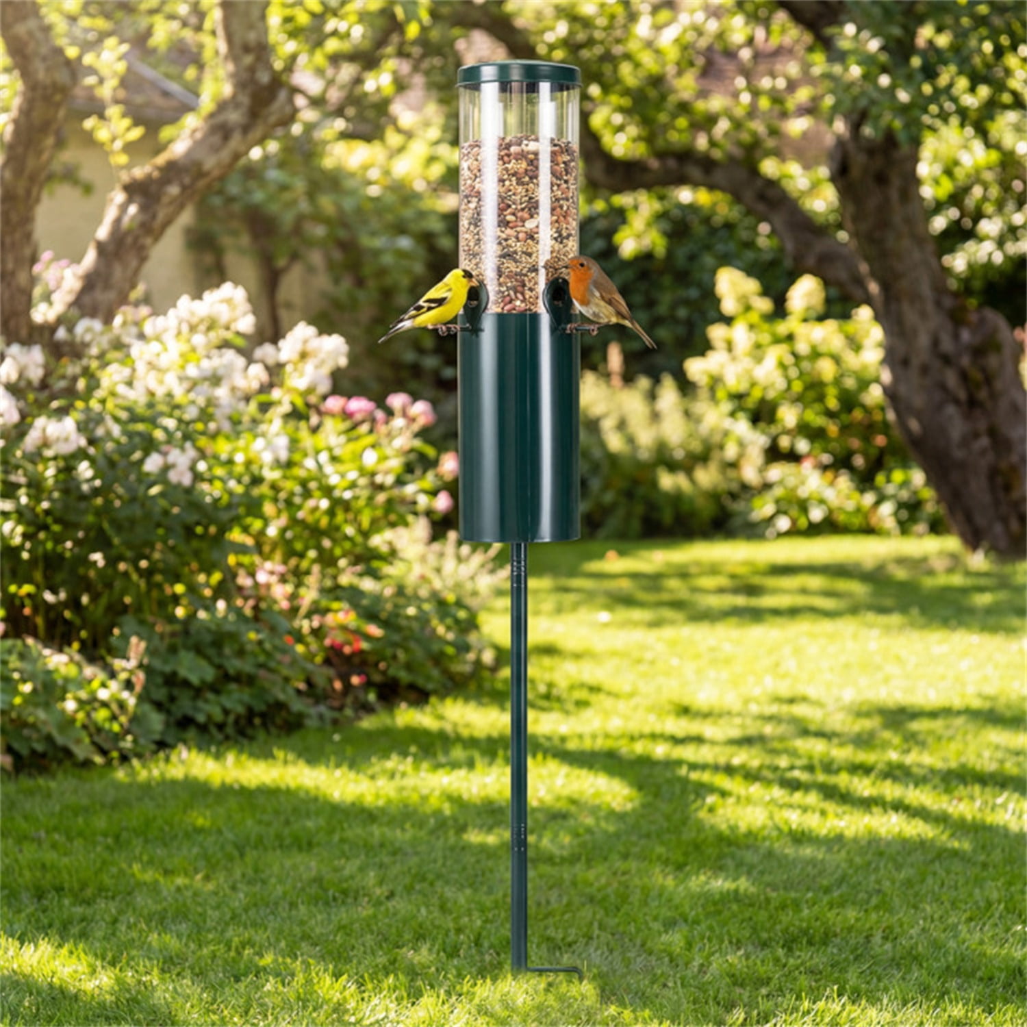 Standing Bird Feeder Squirrel-Proof, 4 Feeding Ports with Perches Heavy-Duty Metal & PC Construction