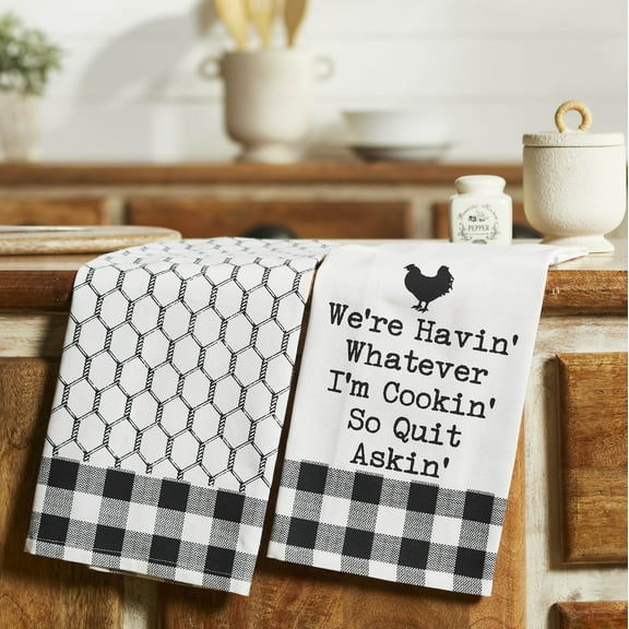 VHC Brands Cotton Kitchen Towel Set of 2, Printed, Tea Towel, Dish Towels, Down Home Collection, Rectangle 28x19, Soft White