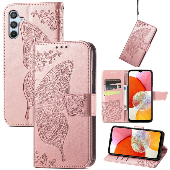 ELEHOLD Flip Wallet Case for Samsung Galaxy S25 FE, Embossed Butterfly Pattern Leather Card Slots Magnetic Closure Kickstand Folio Leather Purse Phone Case,Rosegold