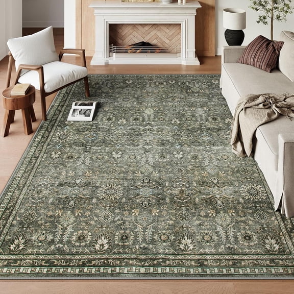 8x10 Rugs for Living Room, Boho Washable Area Rugs for Bedroom, Rubber Backed Non Slip Floor Carpets for Dining Room Home Apartment, Dark Olive Green