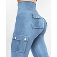 thumbnail image 4 of ChicMe Leggings for Women Solid Color High Waist Tummy Control Butt Lifting Denim Look Stretchy Womens Yoga Pants with Flap Pockets Lighte Blue-L, 4 of 6