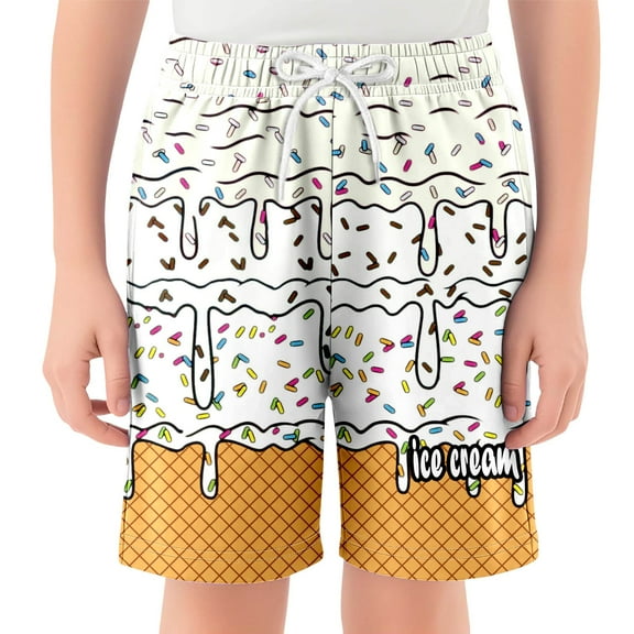 LIIPEE Girl Boy Casual Shorts Cartoon Waffle Ice Cream Printed Elastic Waist Drawstring Shorts With Pockets Girls Classic School Pants,White,13-14 Years