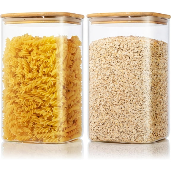 Extra Large Square Glass Flour Sugar Storage Containers with Airtight Lids 168oz 2 Pack Glass Jars with Bamboo Lids Air tight Pantry Food Storage Containers for Cereal Pasta Rice Organizers