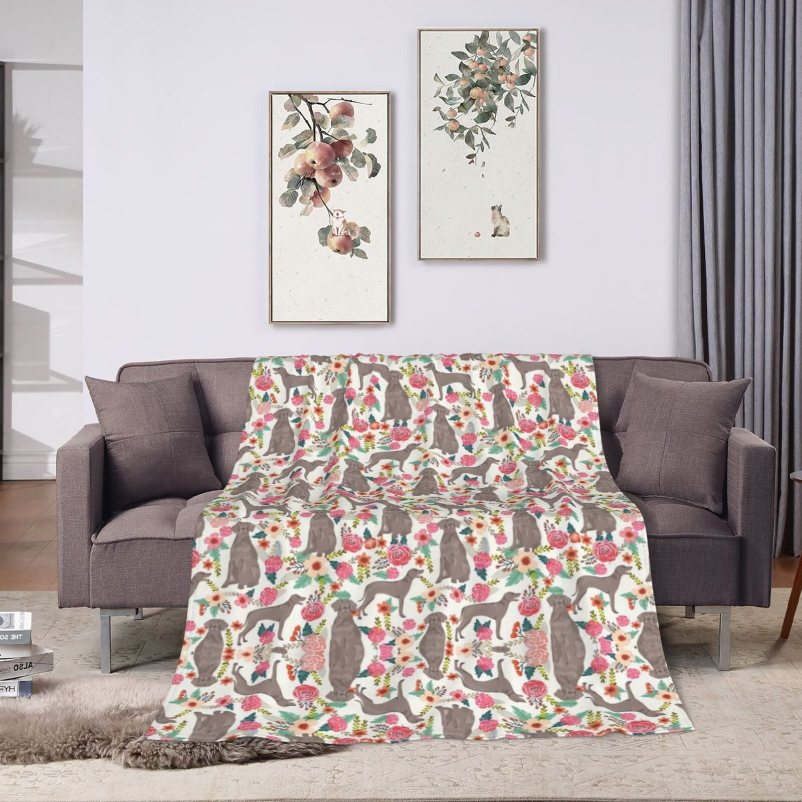 Wijzvio Weimaraner Dogs Flower Floral Throw Blanket Soft Fuzzy Fleece Blanket For Couch Bed Living Room Decoration 80"X60"