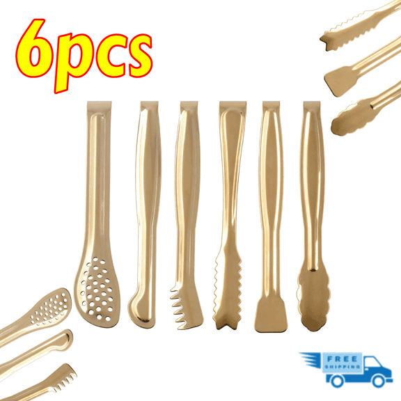 6-Piece Miniature Serving Tongs Set, Gold 6-Inch Stainless Steel Tongs for Sugar, Ice, and Appetizers