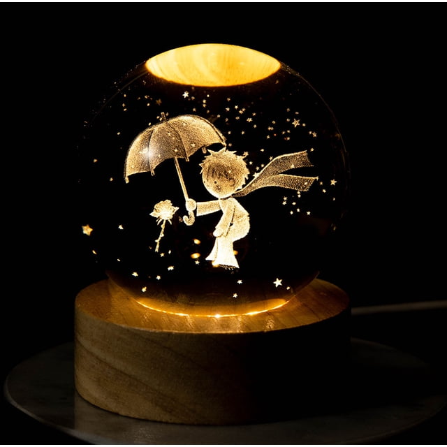 Bola de cristal de luna con tallado interior de galaxia luminosa, luz nocturna creativa, decoración de escritorio, base de madera USB, regalo para niños y niñas