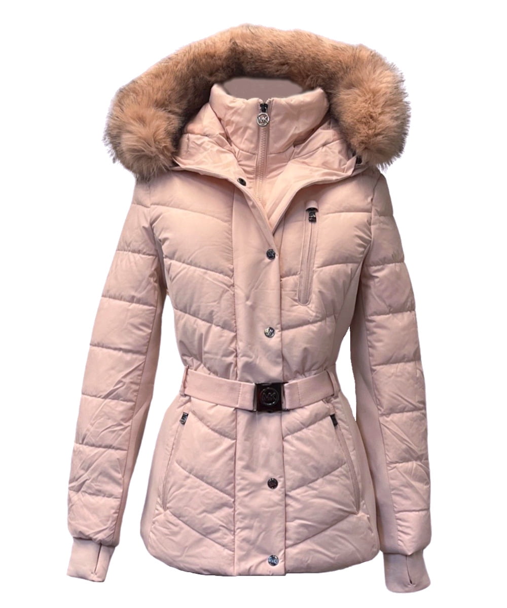 Michael Michael Kors Women s Faux Fur Hooded Puffer Scuba Belted Coat Jacket Blush L Walmart