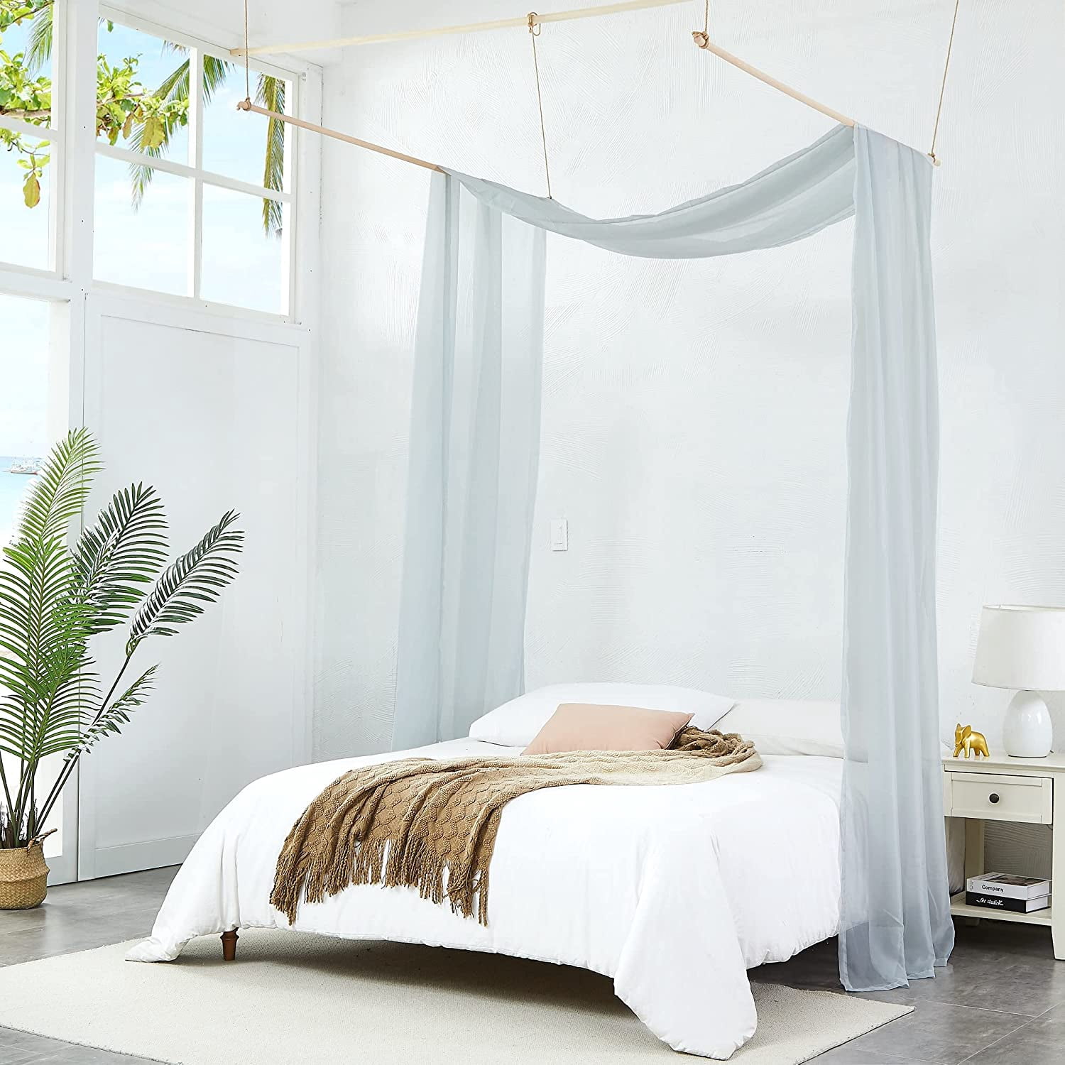WARM HOME DESIGNS Set of 2 White & S Green Canopy Bed Curtains in 55 x 360 Inch Size. BE White & Silver 360