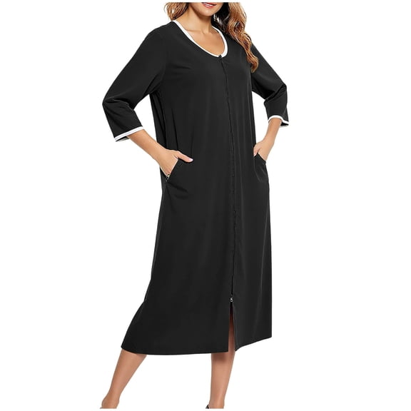 CHUMUD Women Zipper Robes Front Bathrobe 3/4 Sleeve Loose Pajamas Nightgown With Pockets Soft Loungewear