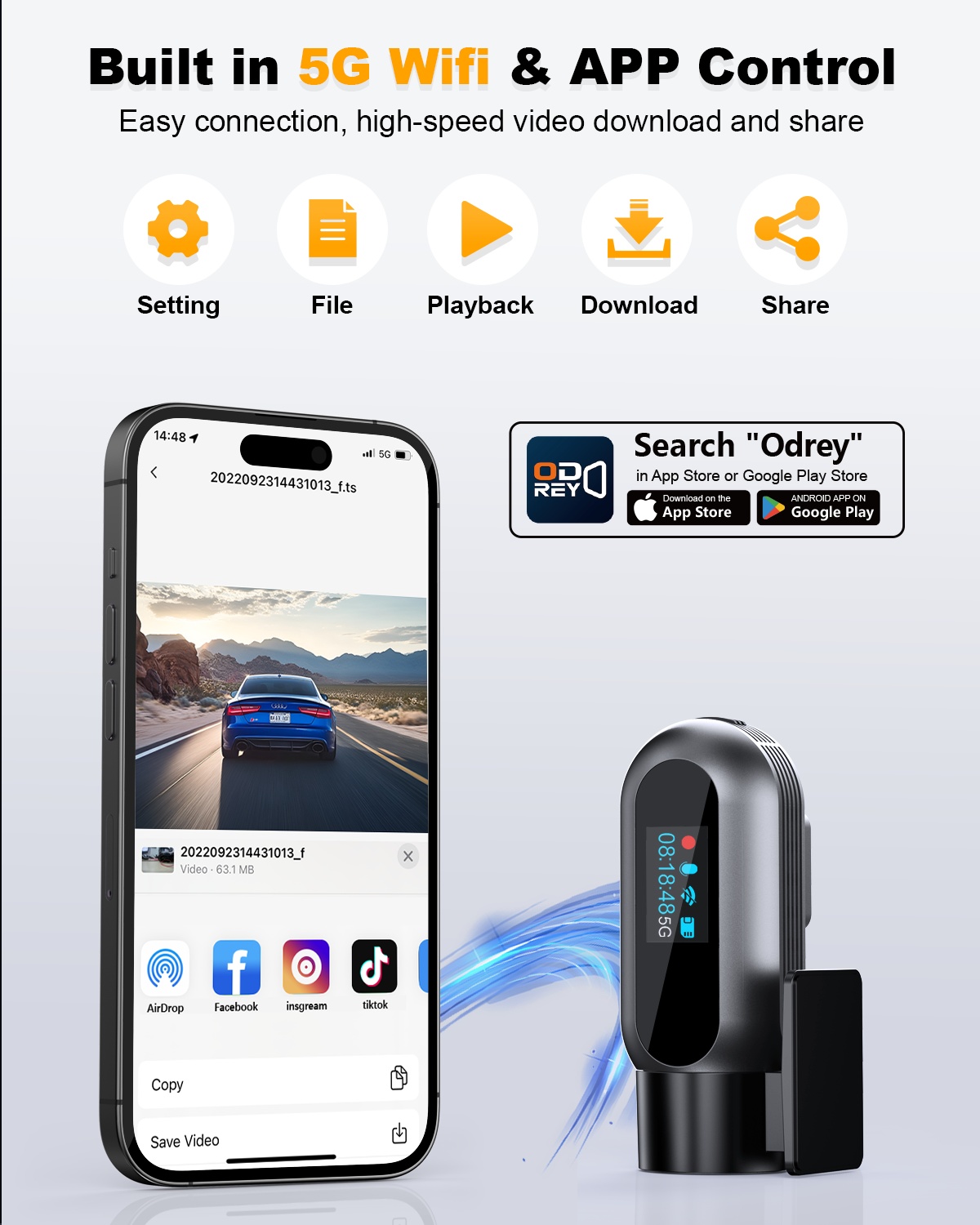 ODREY 4K Single Channel Dash Cam with 5G WiFi photo 2