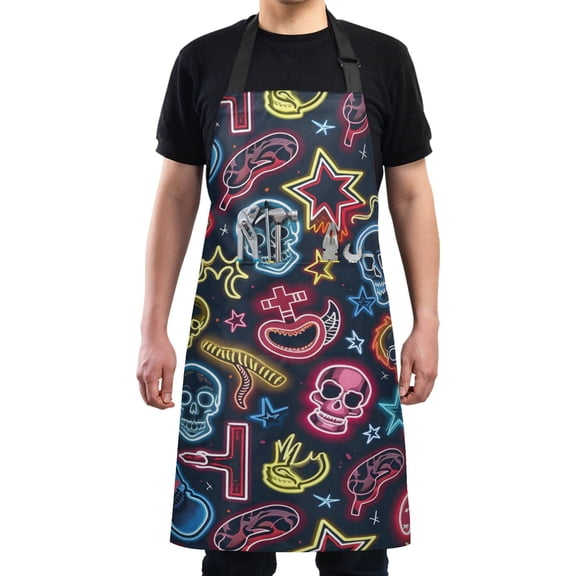 Neon Skull Star Sausage Kitchen Apron with 2 Pockets Adjustable waterproof Cooking Aprons for Women Men Chef