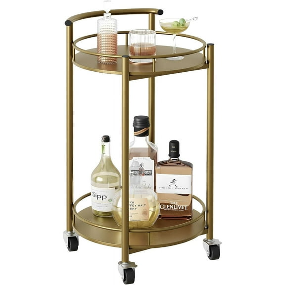 Bar Cart Gold Rolling Cart for Home,2 Tiers Bar Serving Cart Round Wine Cart with Handle, Metal Wine Rack and Casters, Serving Bar Trolley for Home Kitchen,Living Room,Christmas,New Year