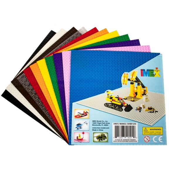 IMEX 12pc Assorted Rainbow Stackable Building Block Baseplates- 32x32 Stud (10”x10”) Compatible With All Major Brands