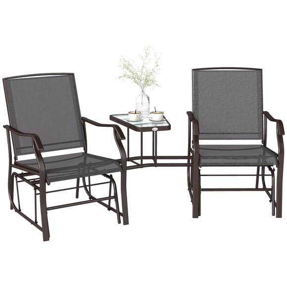 Outsunny Patio Double Glider Chair with Glass Top Center Table, Outdoor Glider Chair with High Back, Sling Fabric for Garden, Bench, Grey