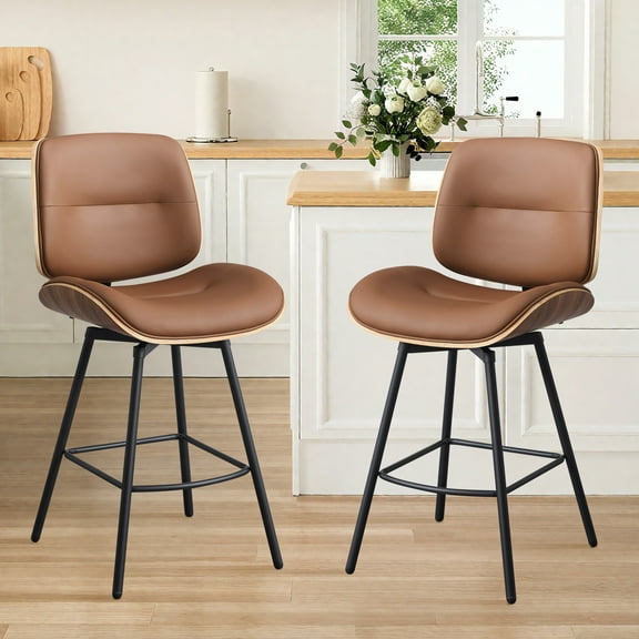 MYFUNT Bar Stools Set of 2, Mid-Century Modern 26" Counter Height Barstools with Walnut Back & Footrest, Upholstered PU Leather Bar Chairs Island Stools for Kitchen Counter, Brown