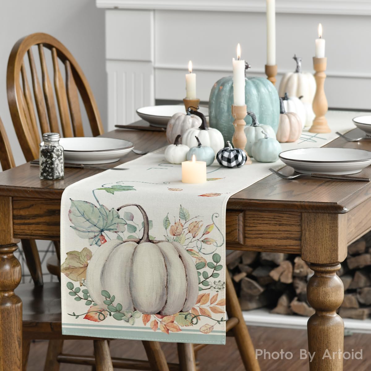 Smile Gather and Be Grateful Pumpkin Leaves Fall Table Runner, Thanksgiving Kitchen Dining Table Decoration for Home Party Decor 13x72 Inch
