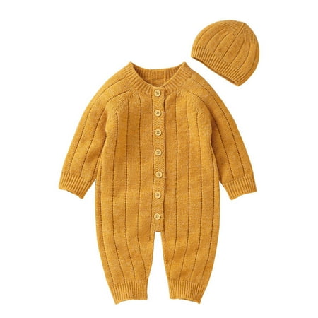 

Boy Girl Solid Knitted Sweater Baby Jumpsuit Romper Cotton Caps Outfits Sets Clothes
