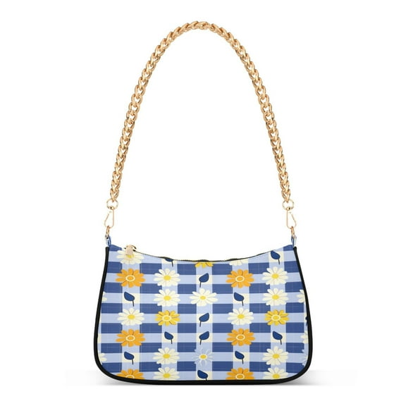 Ryvnso Flower on Checkered Pattern Womens Chain Shoulder Bag Tote Handbags Clutch Hobo Purse with Zipper for Travel